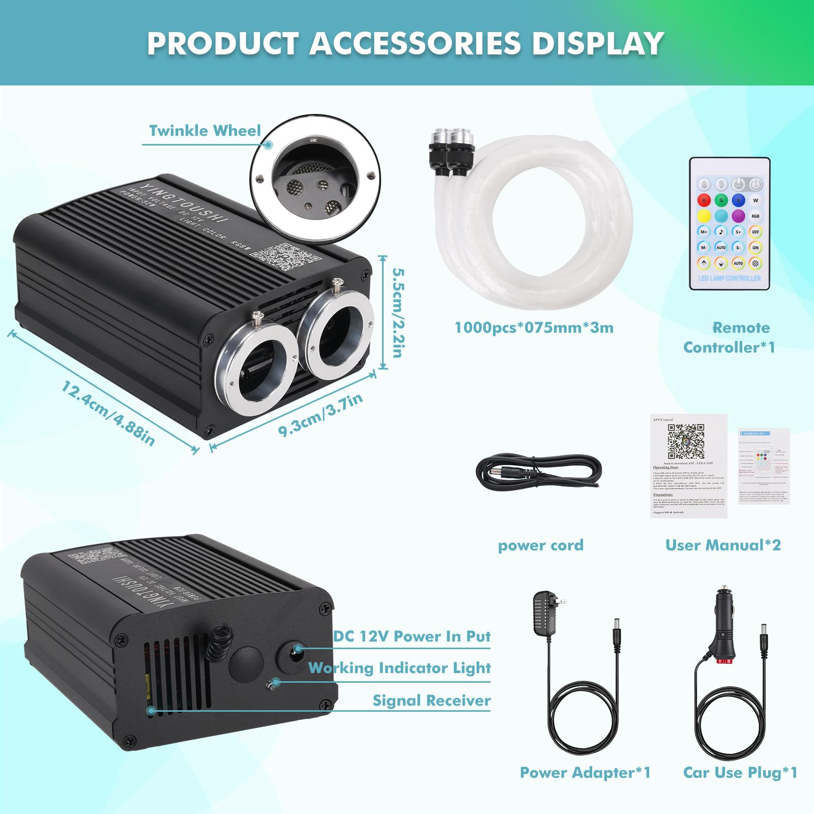 YINGTOUSHI Dual Color Twinkle Starlight Headliner Kit, Music Sync 1000pcs 0.03in 9.8ft Fiber Optic Light APP/Remote Control for