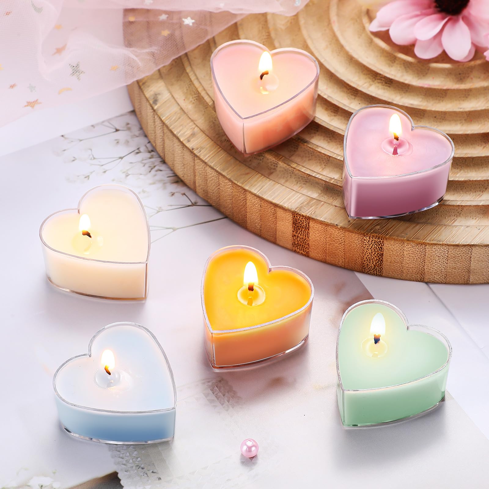 Honoson 12 Pack Valentines Day Heart Tea Lights Candles Heart Tea Light Natural Wax Scented 6 Scents Conversation Candles for Spring Easter Wedding Engagement Gifting Aromatherapy Anniversary Decor