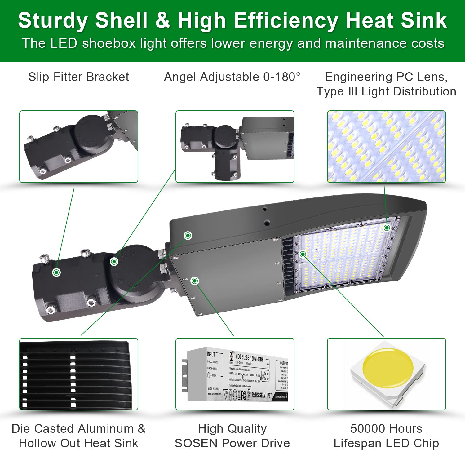 Ostek 100W Led Parking Lot Lights, 14000Lm Waterproof Street Lighting, 5000K, Dlc Ul