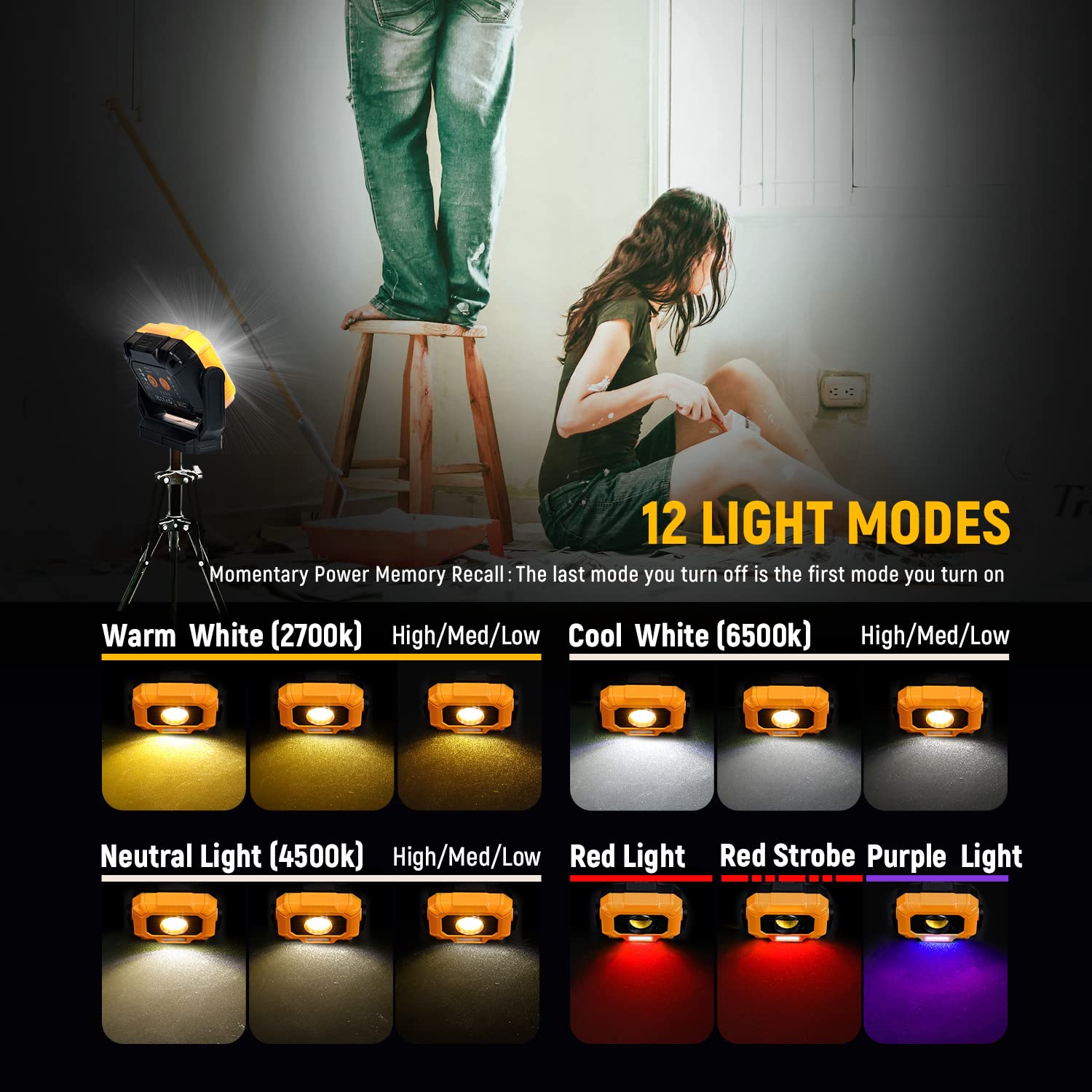 Adelante 2-Pack Rechargeable Magnetic Work Light, 1500LM LED, 360° Stand, 3 Color Modes, Waterproof, Yellow, Model 725201a0-da72