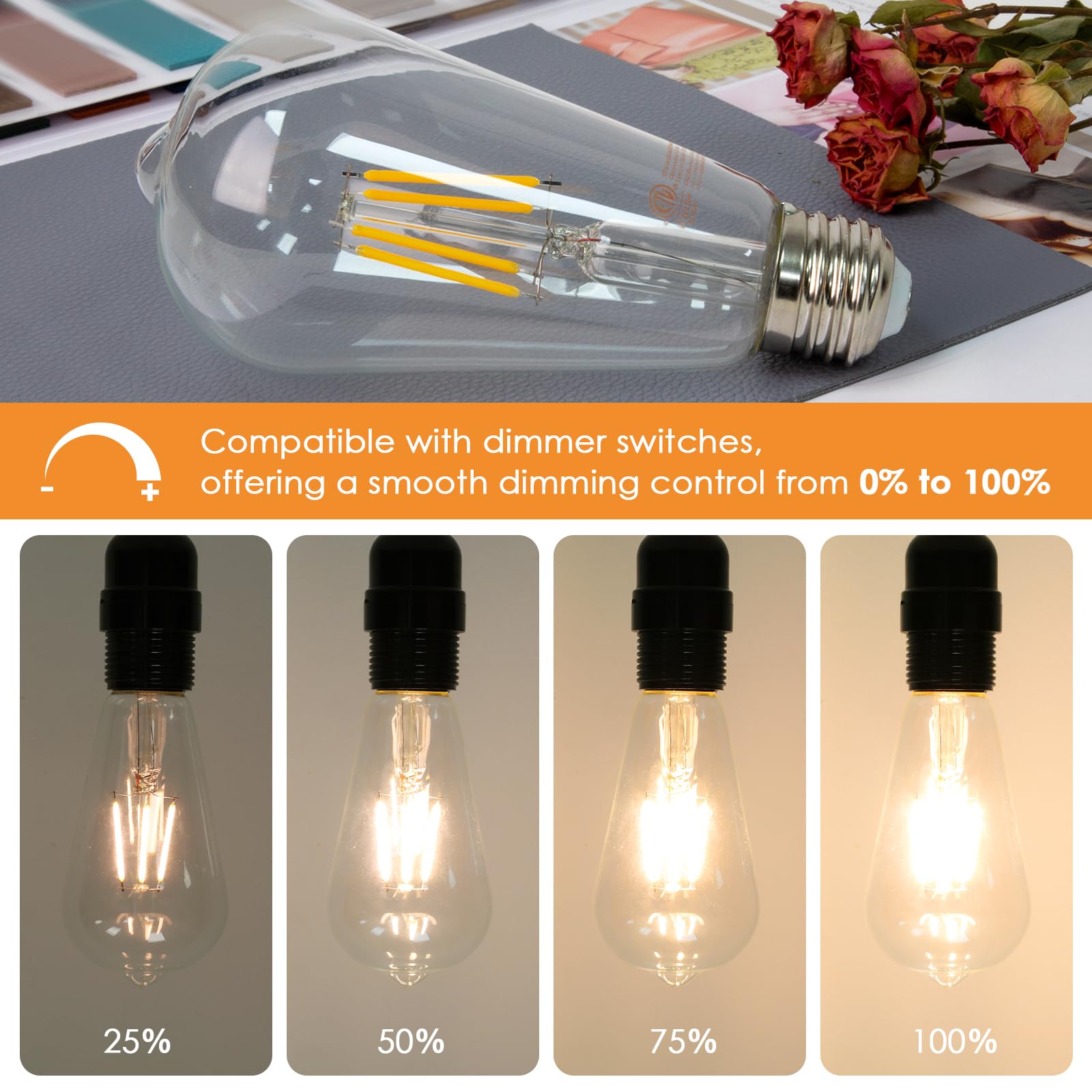 Qingmiao Dimmable Led Edison Bulbs, St64 E26 Base Led Light Bulbs, 6W, 3000K Soft White, Vintage Clear Glass Led Filament Bulb F