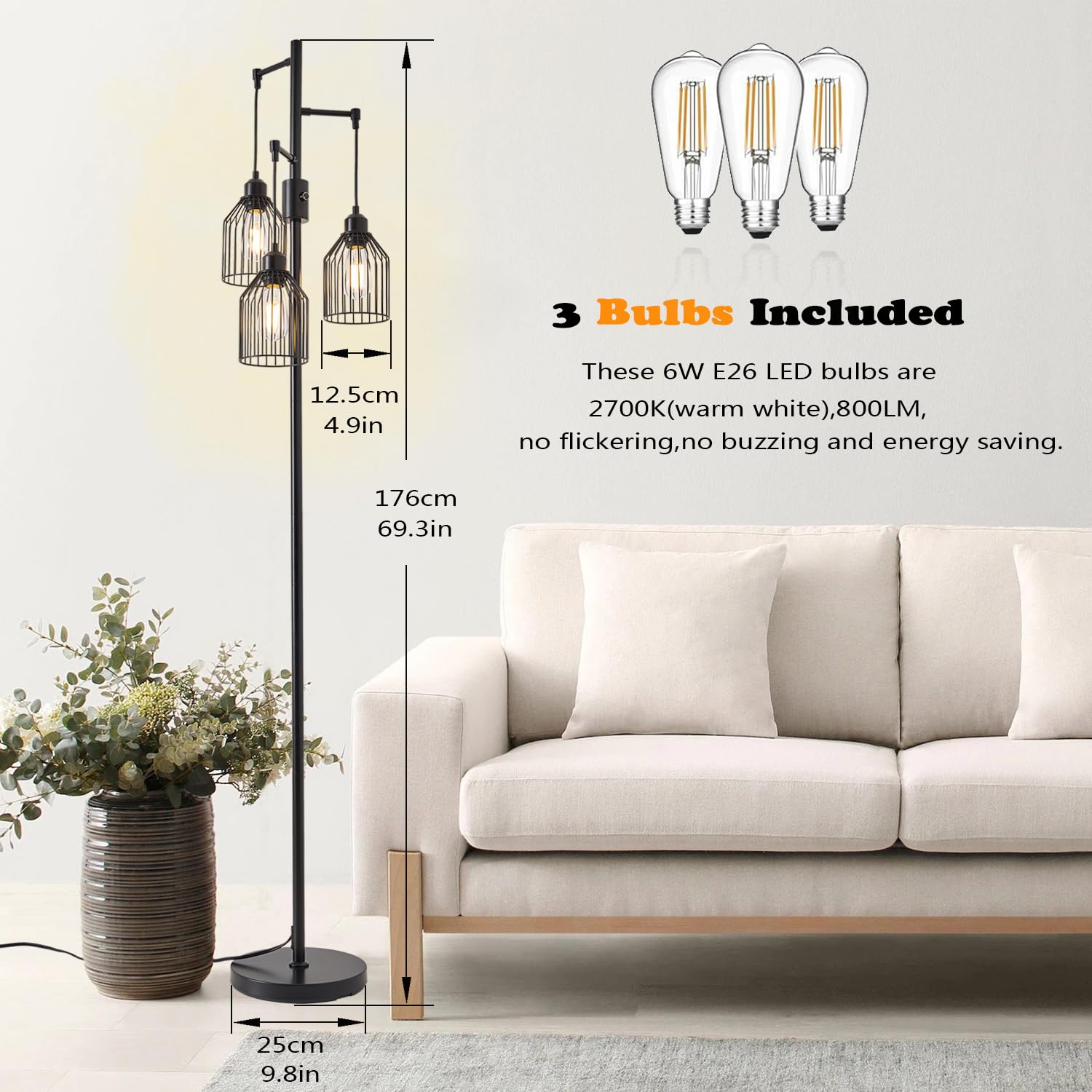 A1A9 Dimmable Floor Lamp, Industrial Style with Hanging Cage, 68.5in Black, 3 LED Edison Bulbs Included, Model NF-22425