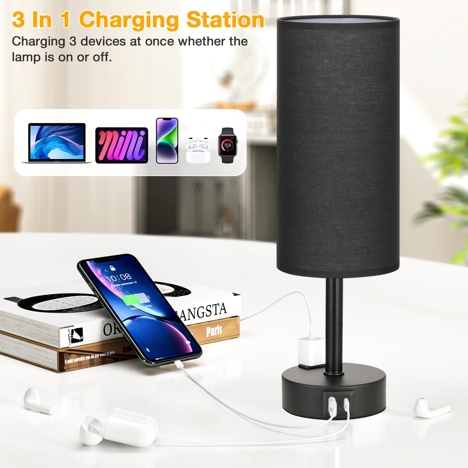 Black Touch Table Lamps Set - 3 Way Dimmable Bedroom Bedside Lamps Set Of 2 With Usb C And A Ports, Small Lamps For Nightstand W