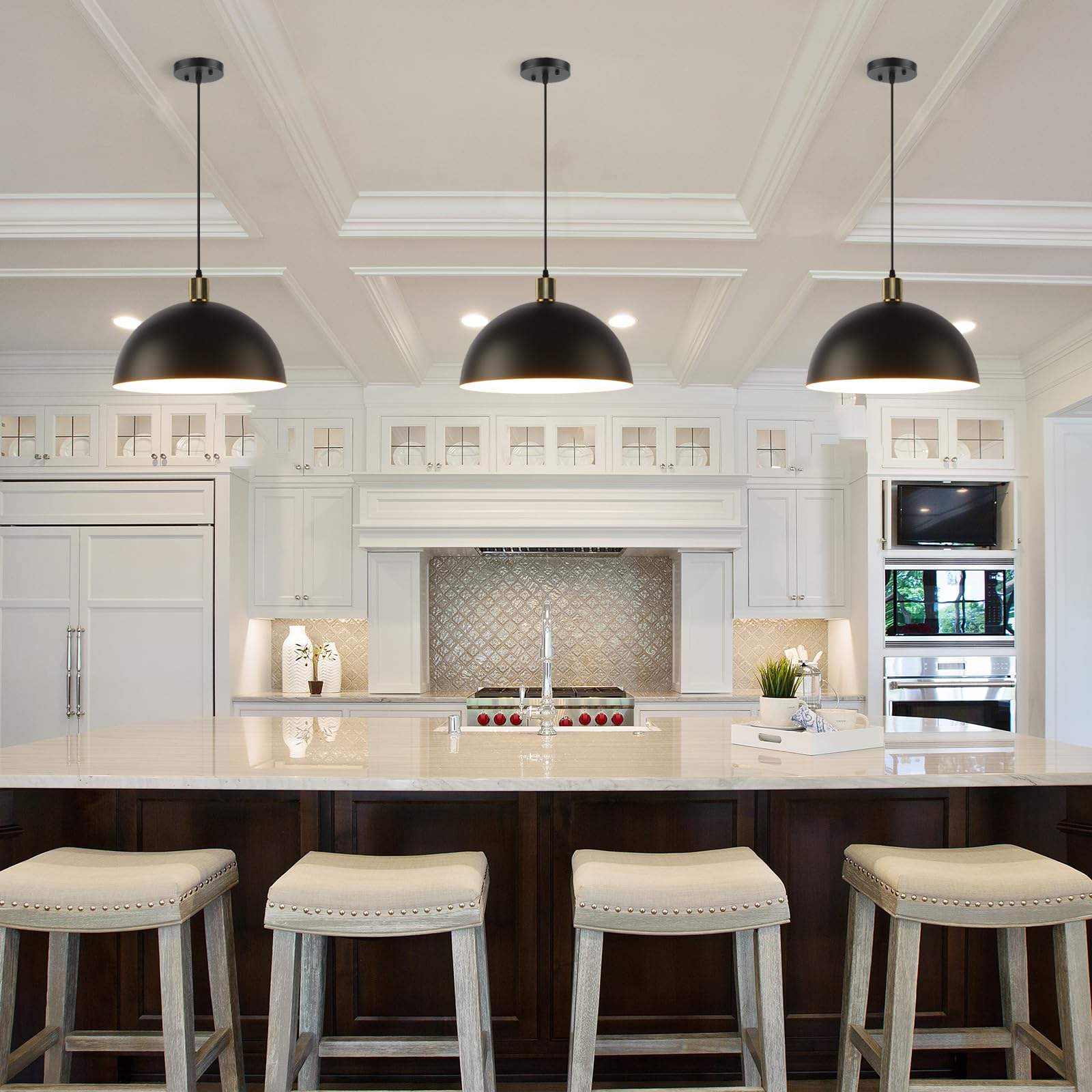 Karjearl Black Pendant Light Fixtures - 15.7" Metal Dome Chandelier, 2 Pack for Kitchen Island & Dining Room