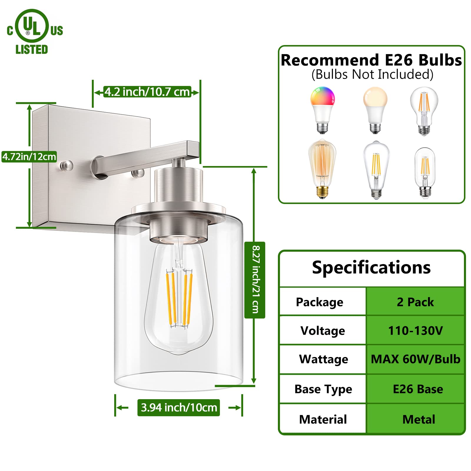 Licperron Wall Sconces Set of Two, Brushed Nickel, Metal, Clear Glass Shade, Industrial Design, Bathroom Vanity Lighting