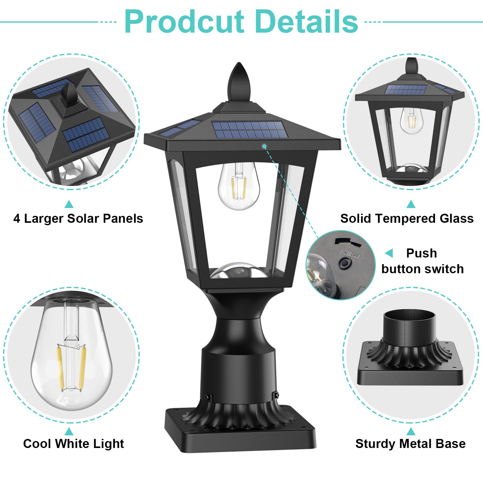Greluna Solar Post Lights, 6000K Dusk to Dawn Outdoor Lamp, Waterproof Pier Mount, Cool White, Model PL007