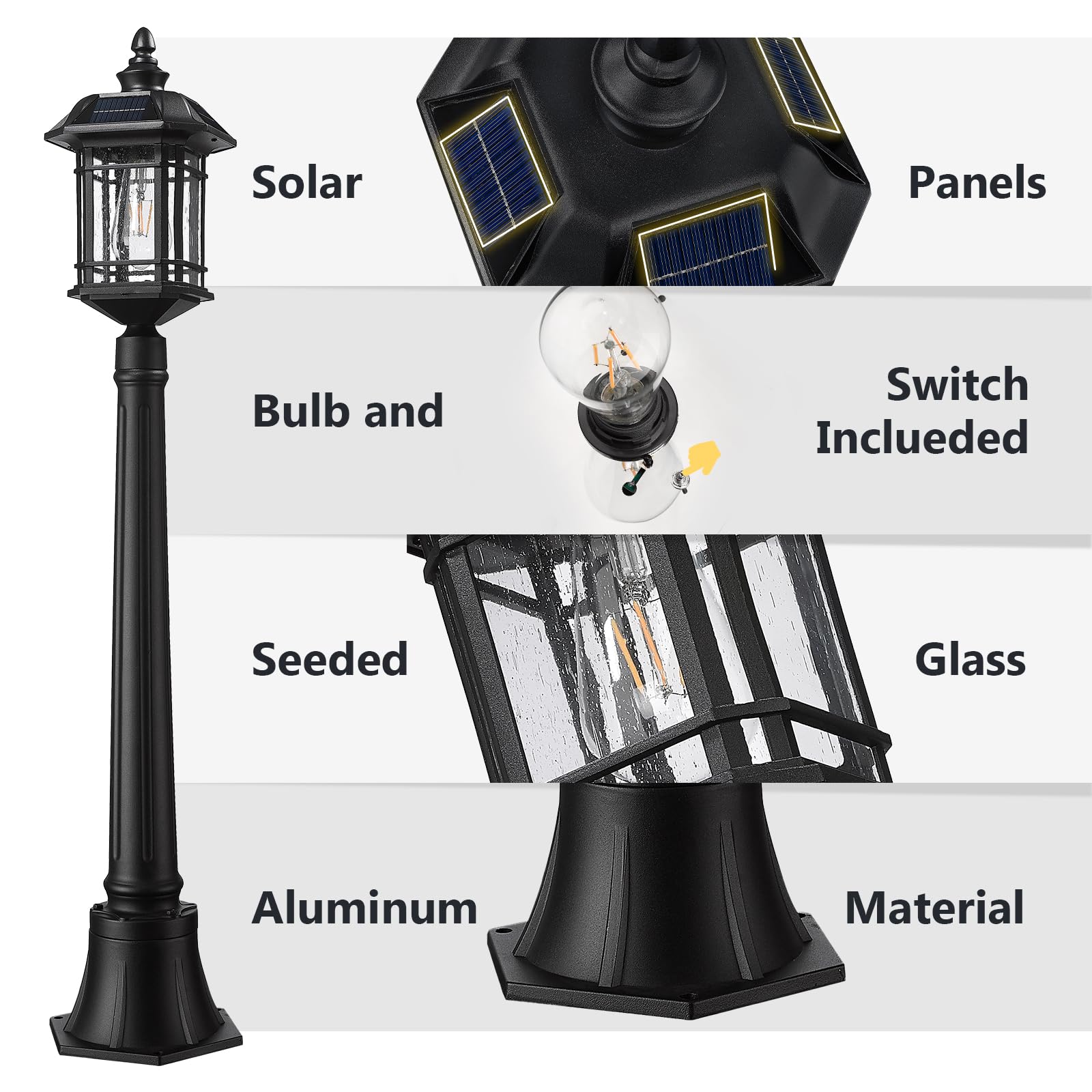 Emliviar Solar Powered Post Light - 40.9 Inch LED Pathway Light with Remote Control, Black Aluminum, Model 2084PL-SL BK, Dusk to Dawn