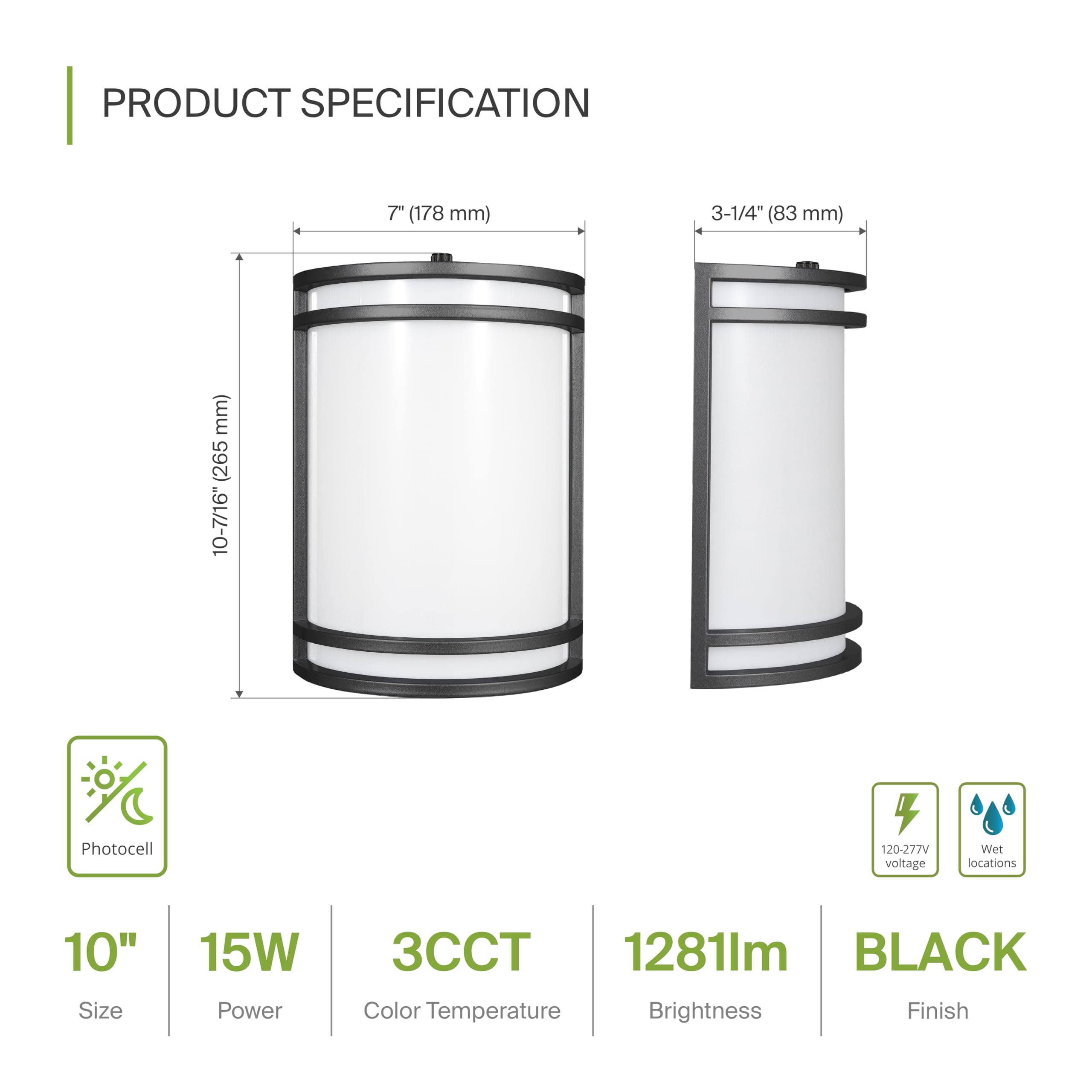 ASD 10 Inch LED Dusk to Dawn Outdoor Wall Mount Light Fixture - Matte Black Modern Wall Sconce Lighting with Photocell - 120-277