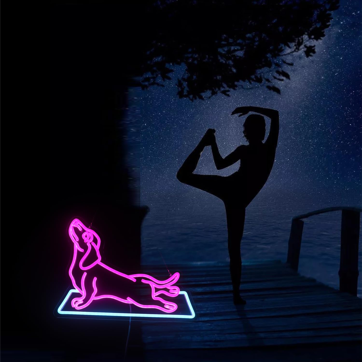 QiaoFei Dachshund Dog Yoga Neon Sign, LED Wall Decor, Acrylic, Fitness Room Art, Christmas Birthday Gift