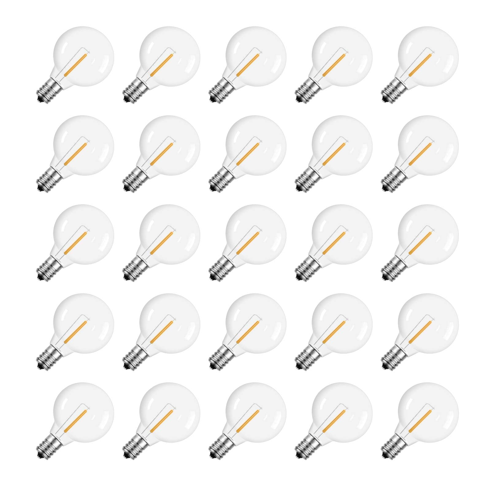 Meconard G40 Solar LED Bulbs, Shatterproof E12 Screw Base, Warm White, 1W, 25 Count, Model MG306W27K25P