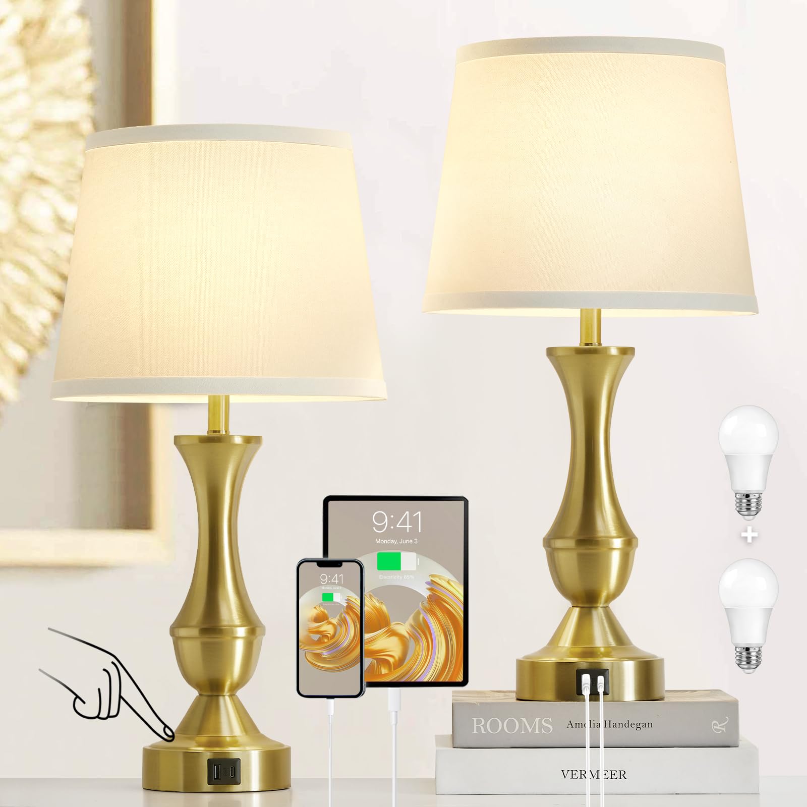 Luvkczc 22in Gold Table Lamps Set of 2 - Modern Bedside Lamps with White Shade, 3-Way Dimmable, Dual USB Ports, Model 73008K