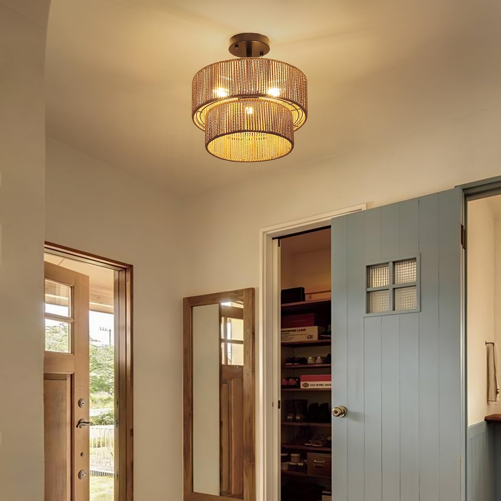 Foucasal Boho Light Fixtures Ceiling Mount, 3-Light Rattan Chandelier Woven Double-Layer Semi Flush Mount Ceiling Light For Hall