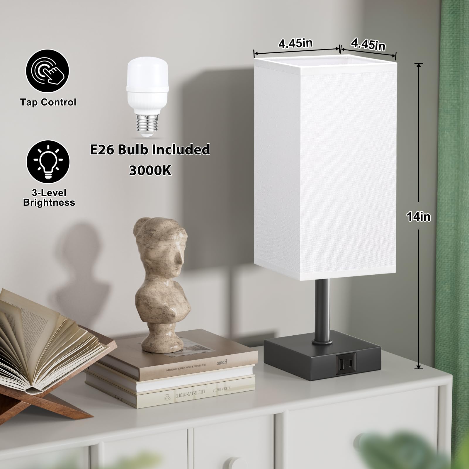 Ambimall Touch Control Table Lamp with USB A+C Ports, 13 inches, White Shade & Black Base, LED Bulb Included, Model RPT-fang1-7