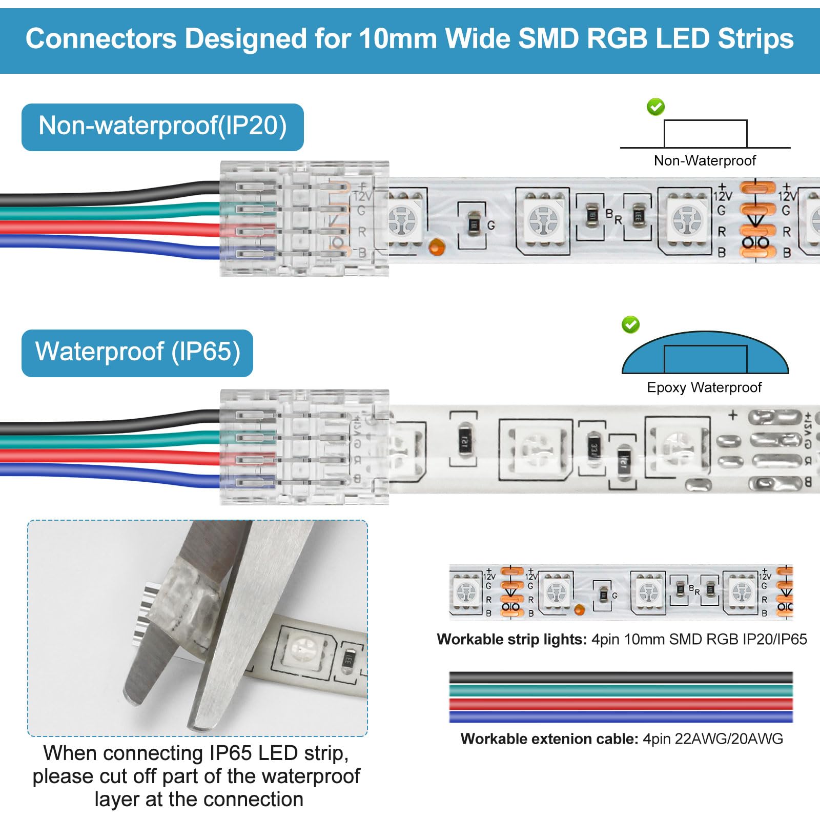 Rgbzone 25Pcs 4 Pin 10Mm Led Connectors Gapless Solderless Led Strip To Wire Quick Connection For 10Mm Wide 5050/3528 Smd Rgb Le