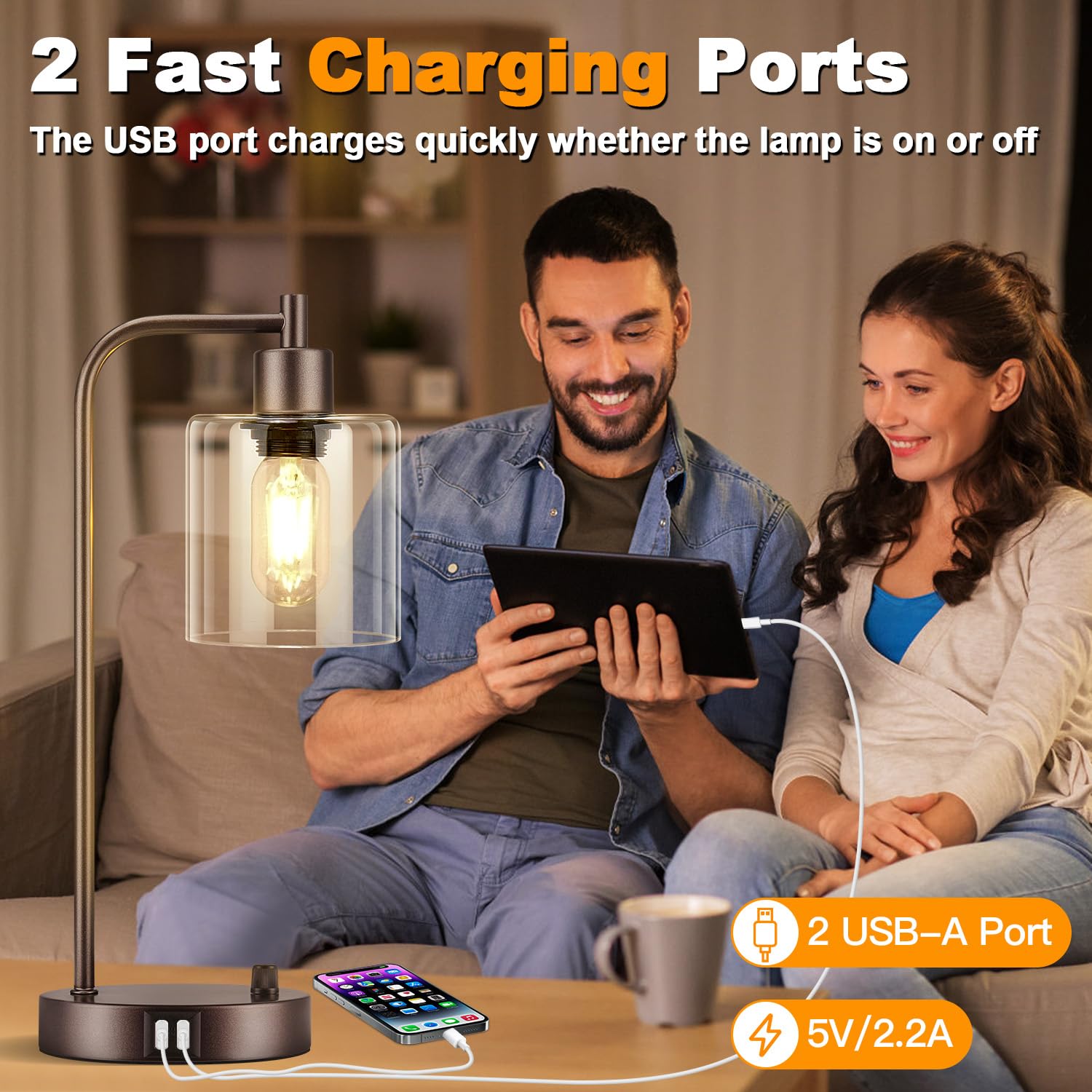 Brown Industrial Table Lamp With 2 Usb Charging Ports, Fully Stepless Dimmable Modern Nightstand Lamp, Glass Shade Bedside Desk