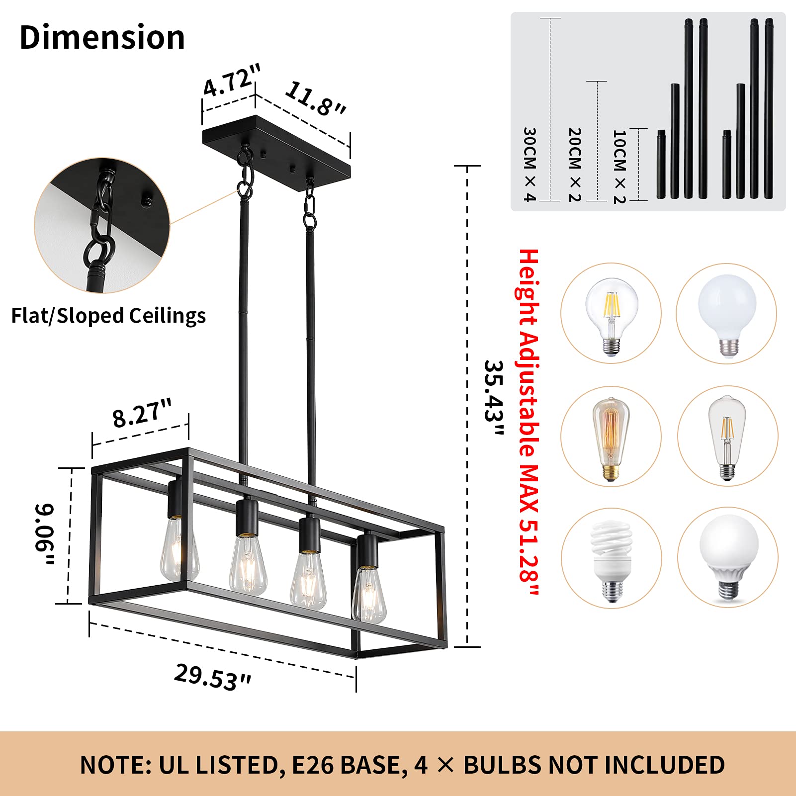 Xislthotsl Black 4-Light Industrial Vintage Chandelier, Modern Linear Rectangular Cage Hanging Light Fixture For Farmhouse Kitchen, Dining Room, Bar, Living Room
