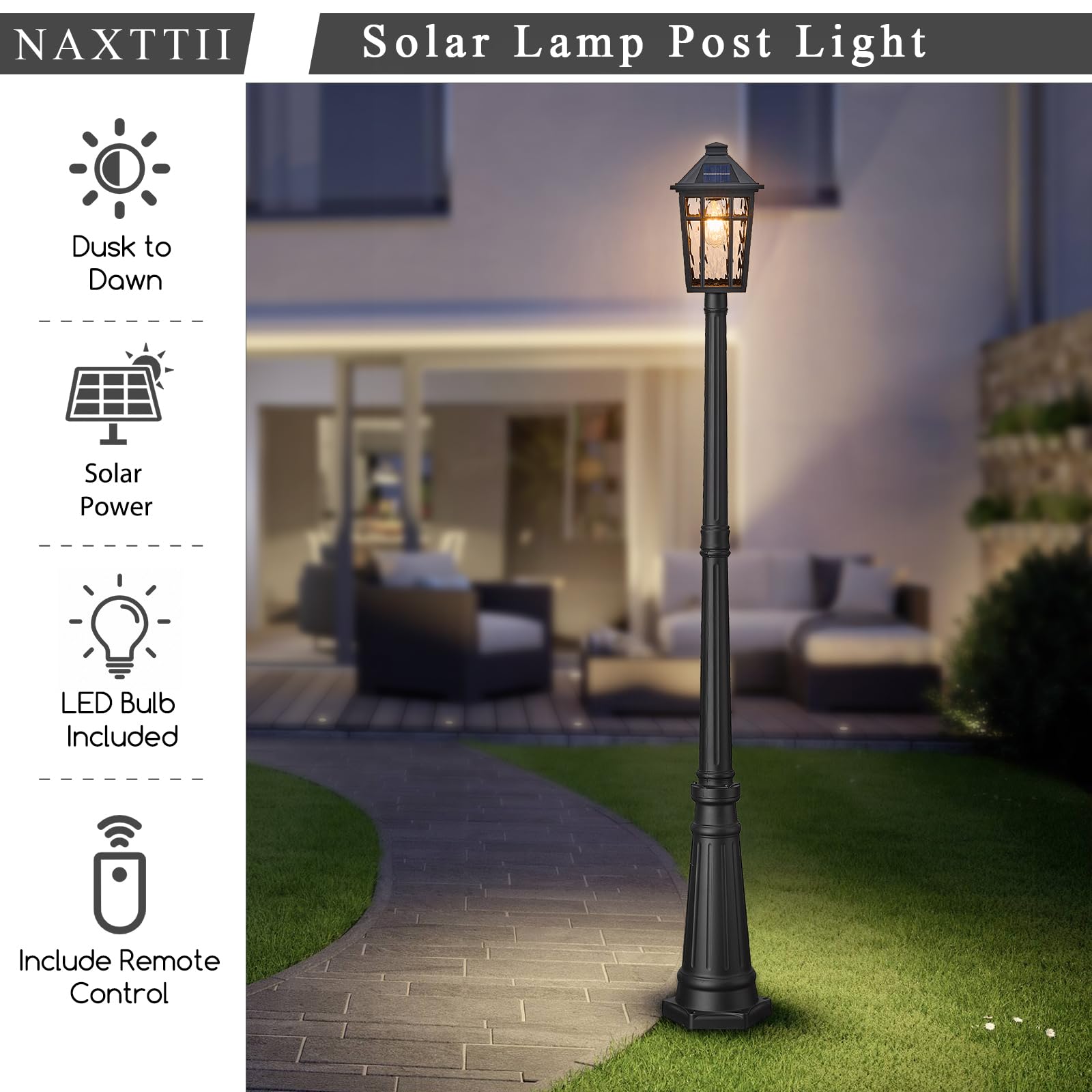 NAXTTII Outdoor Solar Lamp Post Light, 80.7 Inch, Black Aluminum, Waterproof with Remote Control, Model XN13R-M-SL-SW-BK