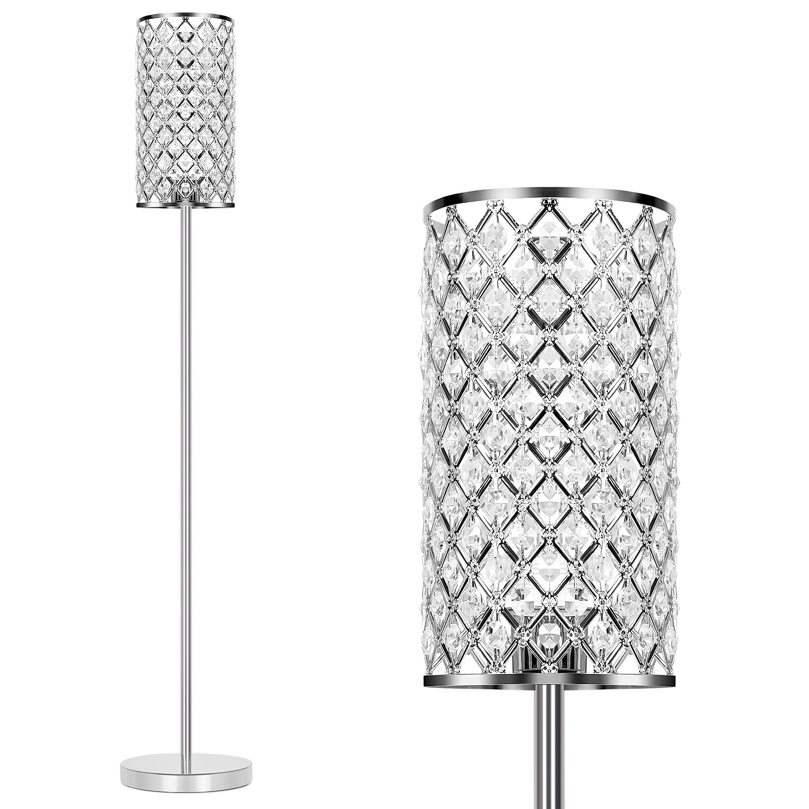 Crystal Floor Lamp, Modern Standing Lamp With Elegant Shade, Led Floor Lamp With On/Off Foot Switch Silver Finish Tall Pole Lamp