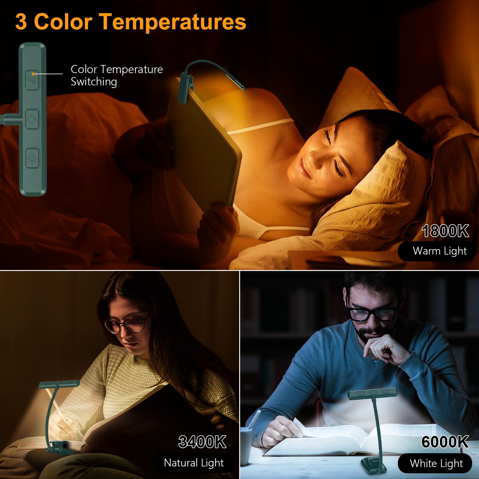 Gritin Rechargeable Book Light with Memory Function, 3 Color Temperatures, Stepless Dimming, Blackish Green, Model G1326