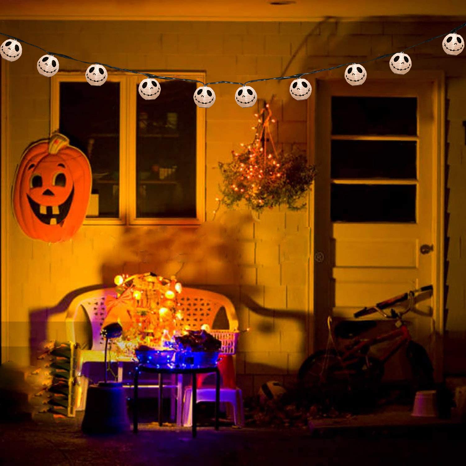 GOOTHY 8.5Ft Halloween Lantern String Lights, 10 White Nylon Ghost Lanterns, Waterproof for Outdoor Garden Party Decor