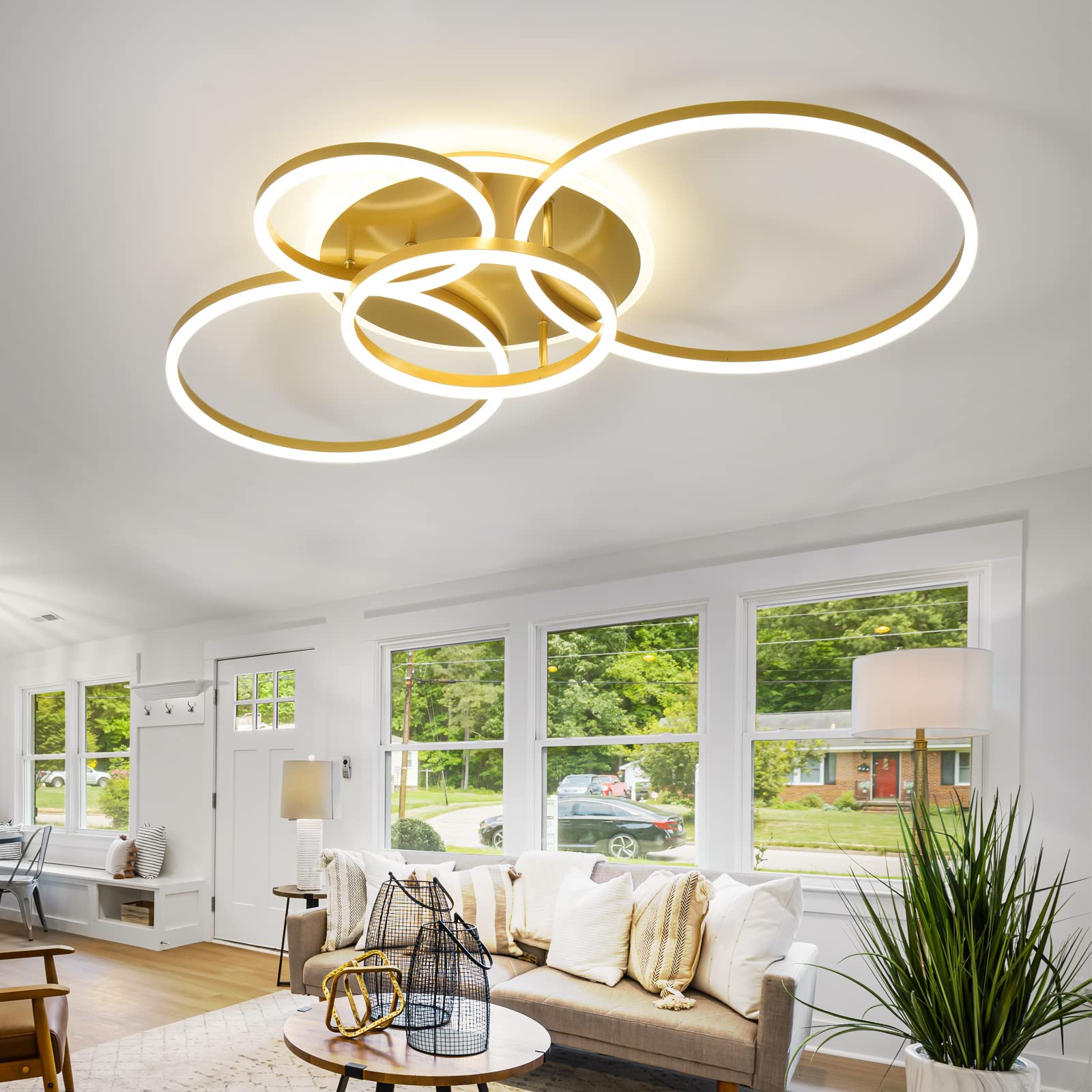 Modern LED Ceiling Light 90W Dimmable Ceiling Light Fixture with Remote Control 5 Rings Flush Mount Ceiling Light Gold Acrylic C