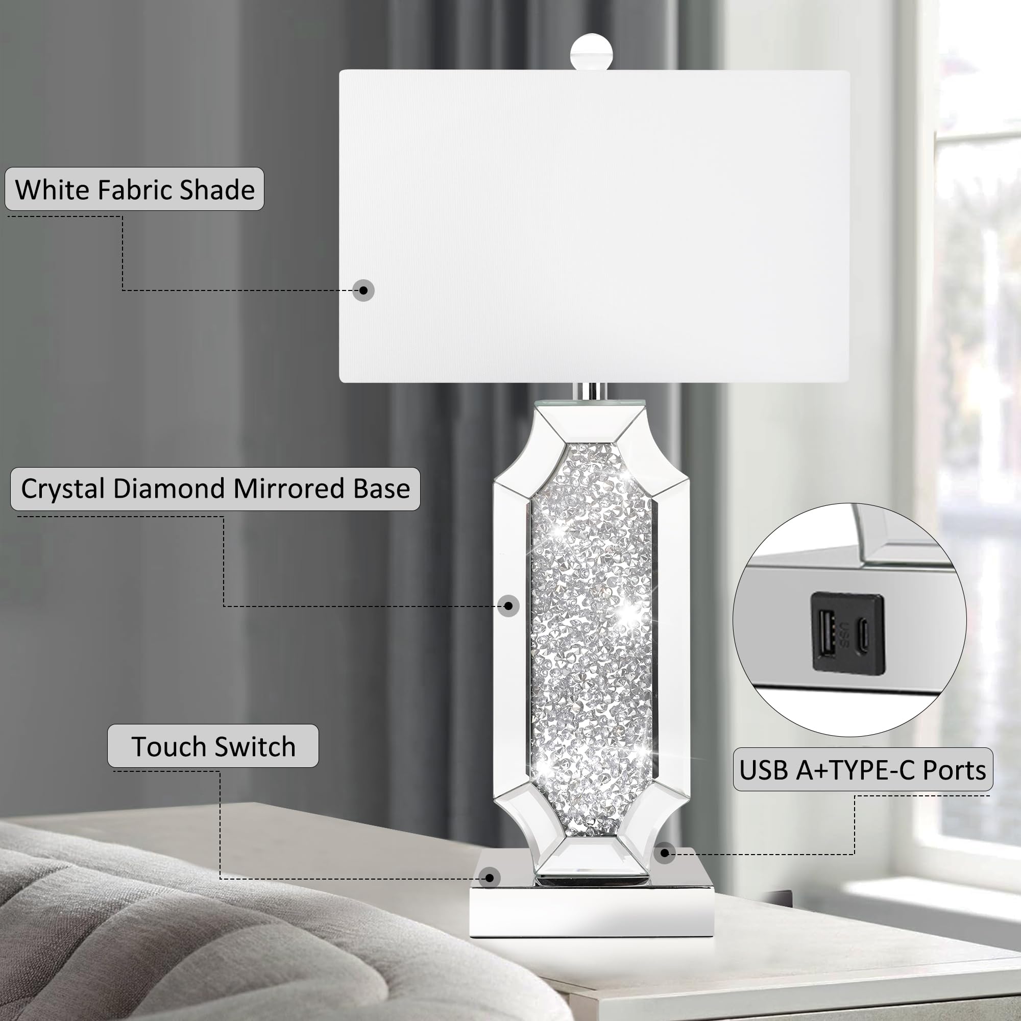 Hamucd 3-Way Dimmable Touch Bedside Table Lamps Set of 2, Silver with USB Ports, Tall Modern Nightstands for Living Room, Includes 2 Bulbs