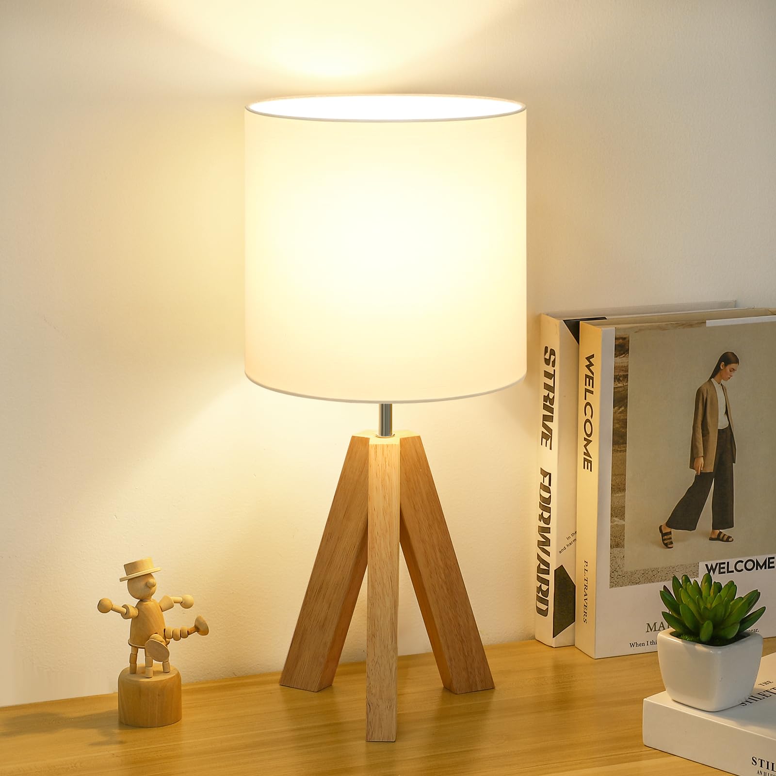 Small Beside Table Lamp, Wood Tripod Table Lamp with White Fabric Shade, Cute Boho Nightstand Lamp, Minimalist Desk Lamp for Bed
