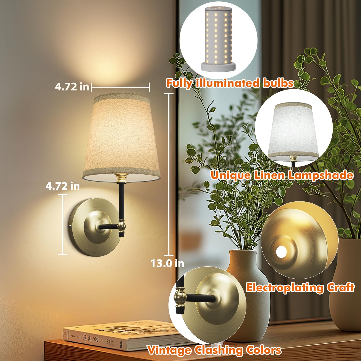 FUNTAPHANTA Battery Operated Wall Sconce Set - Remote Control, Dimmable 3 Color Temp, Black Gold, Model FH-WS01-BG2