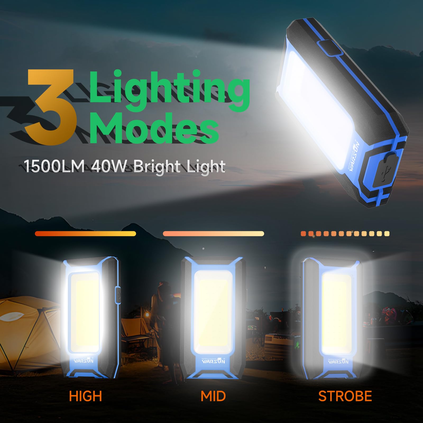 Warsun Led Work Light Rechargeable, Magnetic Cob Portable Worklights, 40W 1500 Lumens,Metal Hanging Hook 3 Lighting Modes, Job Site Lighting For Car Repairing,Camping,Hunting Repairing (Blue1)