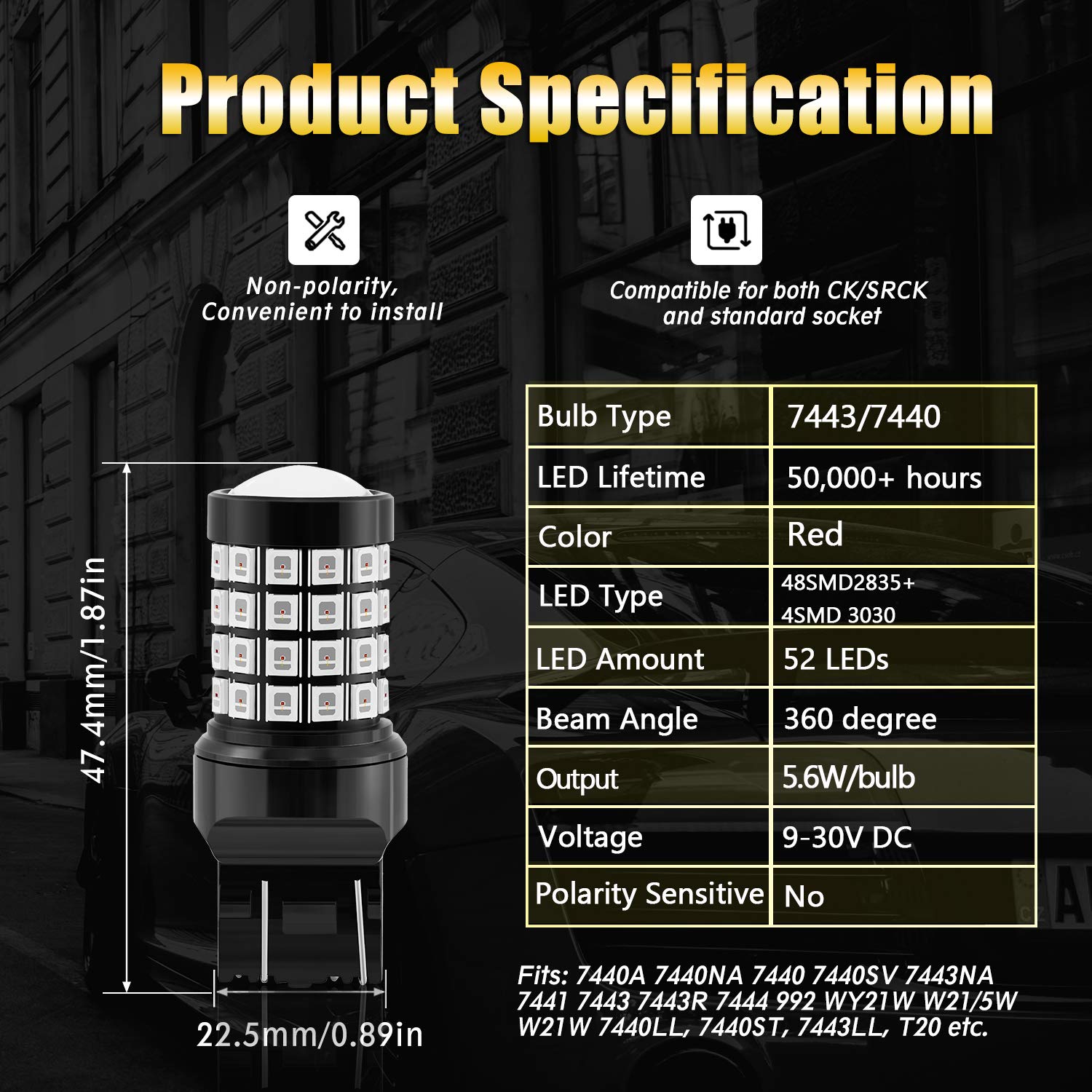 BRISHINE LED Brake Light Bulbs, 7443/7440/7444, Super Bright 52-SMD, Brilliant Pure Red, Model SHINE-FLA7443R-2P