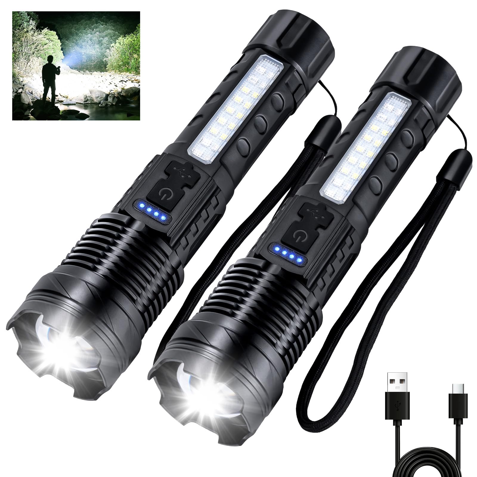 Peascat Flashlight High Lumens Rechargeable 2 Packs, 1,000,000 Lumens Super Bright LED Battery Powerful Handheld Flashlights wit