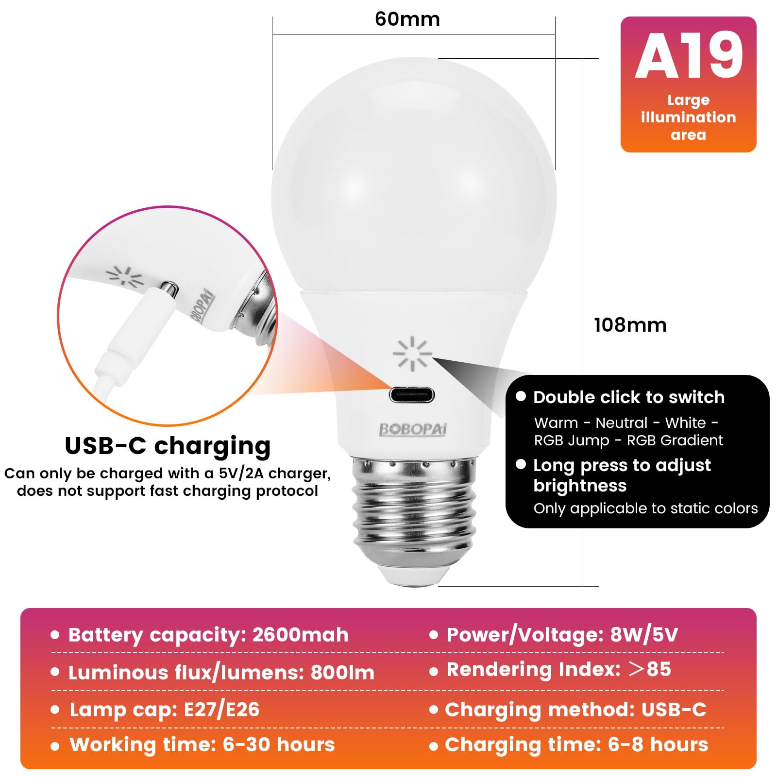 BOBOPAI LED Rechargeable Light Bulbs - Remote & Touch Dimmable, 2 Pack, RGB, E26 Battery Operated, 2600mAh USB Backup, Timer