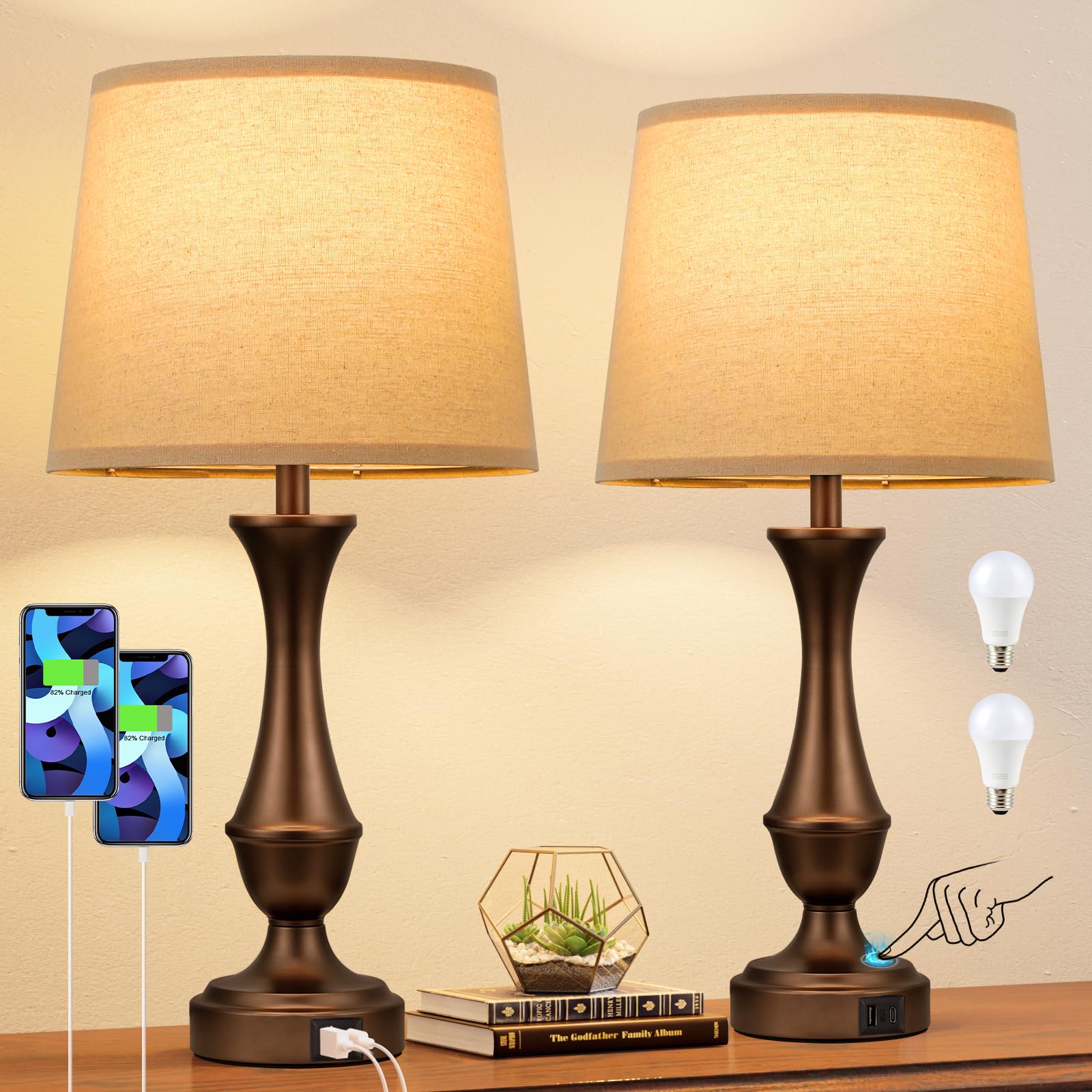 Touch Lamps for Bedrooms Set of 2 - Nightstand Table Lamp with USB C+A, 3 Way Dimmable Bedside Lamps for Living Room End Tables 