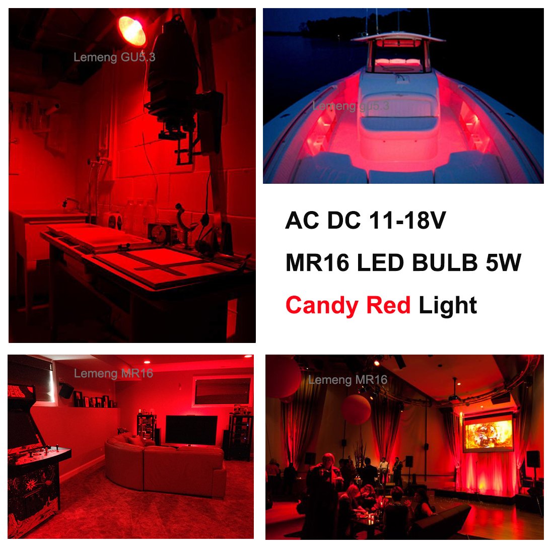 LEMENG Red MR16 LED Light Bulbs, 6W 12V Bi-pin GU5.3, 50W Halogen Replacement, Outdoor Landscape Lighting, Pack of 6