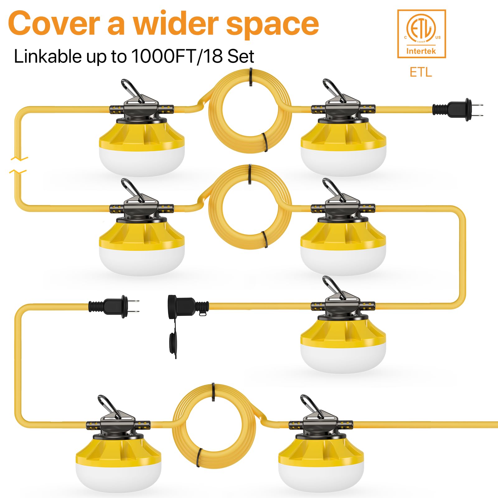 50Ft Construction String Lights: 50W String Work Lights With 5 Bulbs & Hooks, Ip65 Temporary Construction Lighting 5000K Linkable Hanging Work Light For Attic, Crawlspace, Basement, Backyard