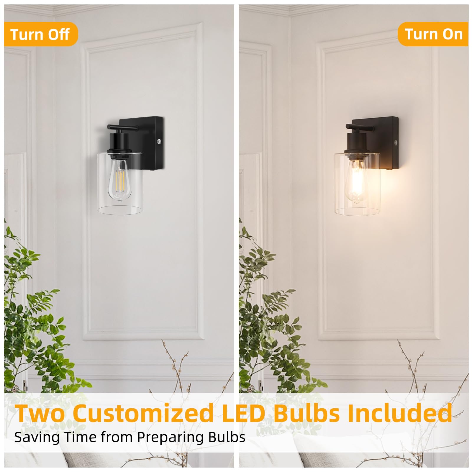 Battery Operated Wall Sconce Set Of 2, Black Wireless Rechargeable Wall Mounted Lamp With Bulb, Modern Dimmable Indoor Non-Hardw