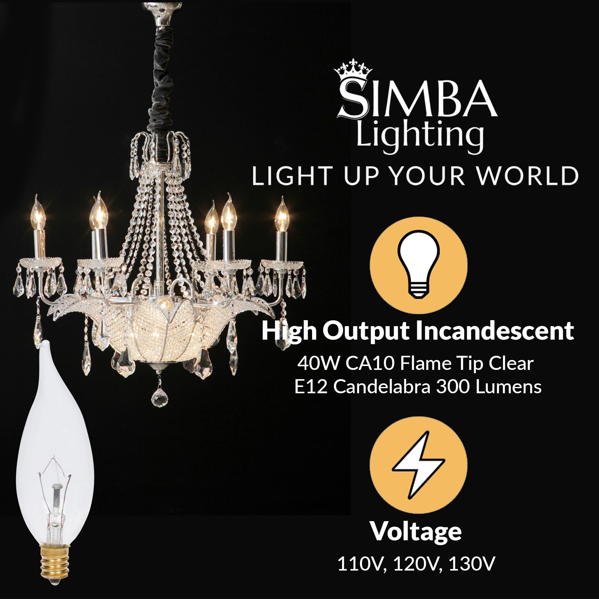 Simba Lighting Candelabra Flame Tip Bulbs, 40W E12, Clear Glass, Dimmable, Warm White 2700K, 12 Pack, Model INC-40C32