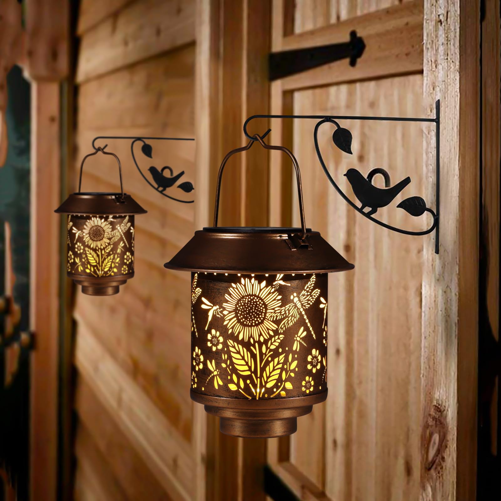 Solar Lantern Outdoor Hanging Sunflower Lights Gifts For Women Mom Metal Garden Decor Outside Waterproof Led Lanterns For Patio(Dragonfly + Sunflower)