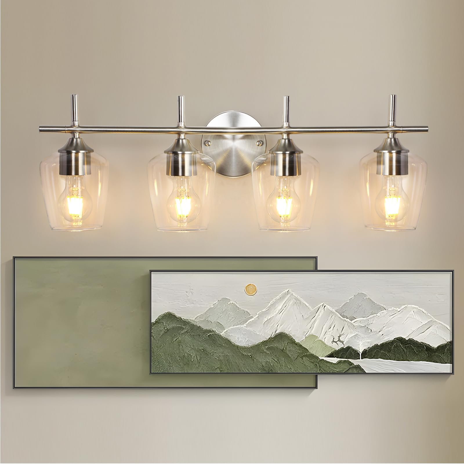 foucasal Bathroom Light Fixtures 4-Light Brushed Nickel Vanity Light with Clear Glass Shade Model ULB0046H-4SHANIE
