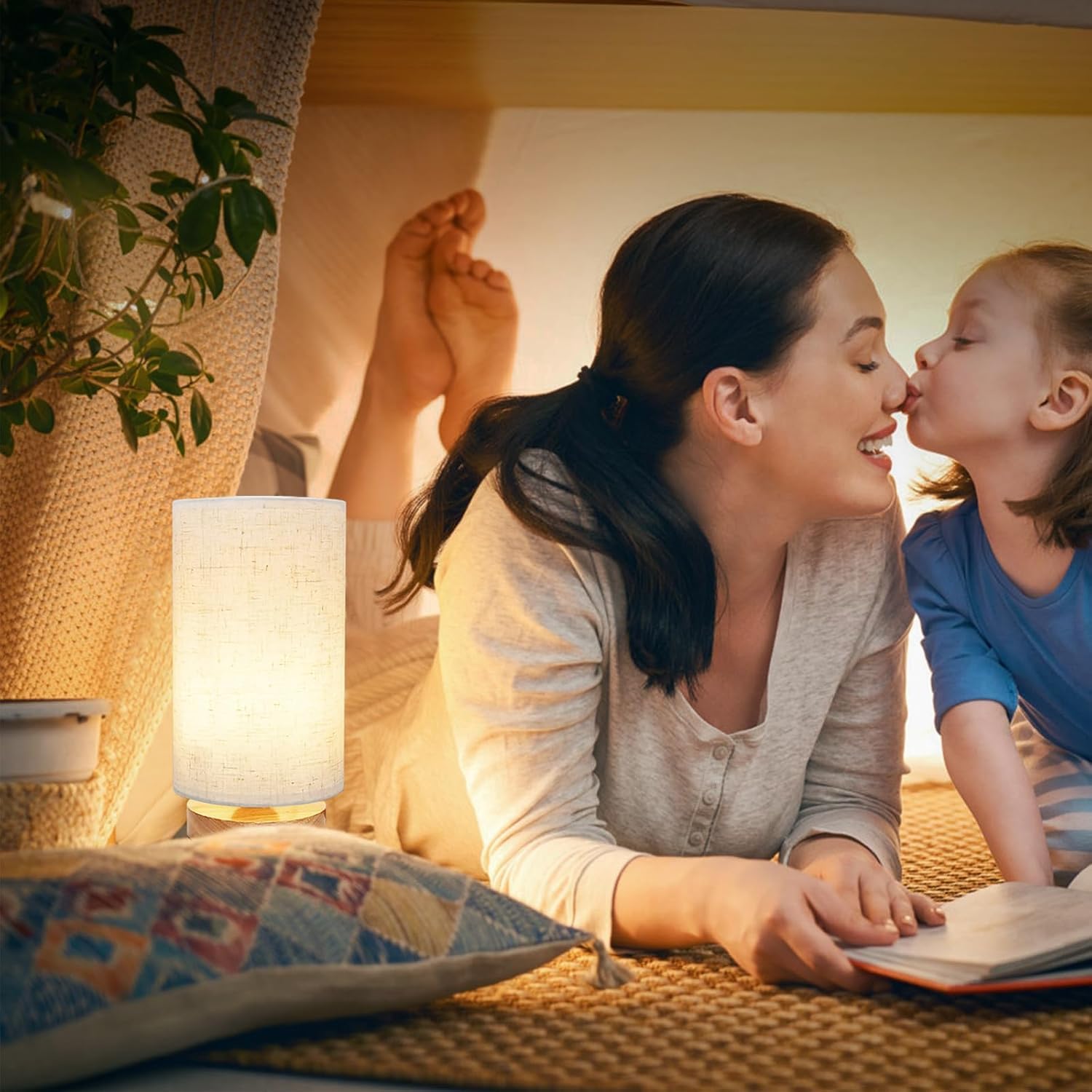 3-Color Adjustable Bedside Table Lamp For Bedroom,Minimalist Wood Base&Round Fabric Shade,Cozy Lighting Nightstand Boho Lamp,Stu