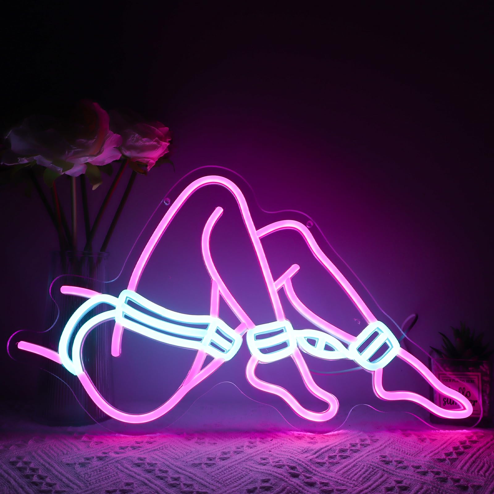 Jesalah LED Neon Sign - Hamburger  y Legs Decor, 26 x 42 cm, Yellow Blue Red, Model CX--Lady Leg