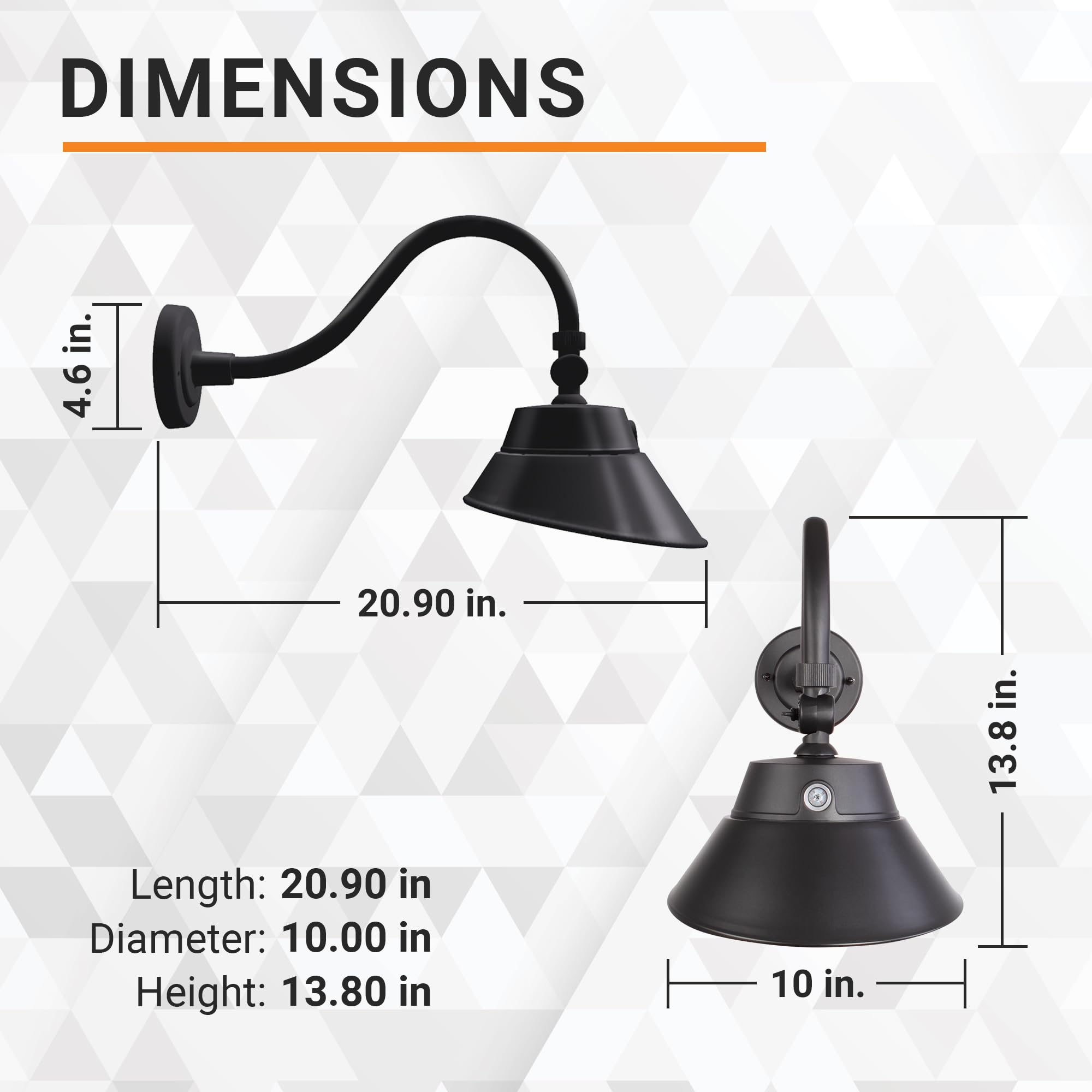 HTM Lighting Solutions 30W LED Gooseneck Barn Light Fixture, 10in Diameter, Textured Black, Dusk to Dawn, CCT Switching, 1-Pack