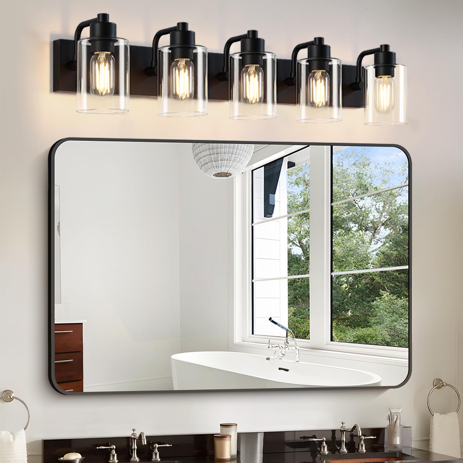 Dpyrrhic 5-Light Vanity Light Fixture, Matte Black Bathroom Lights with Clear Glass Shade, Wall Sconces for Bathroom and Hallway