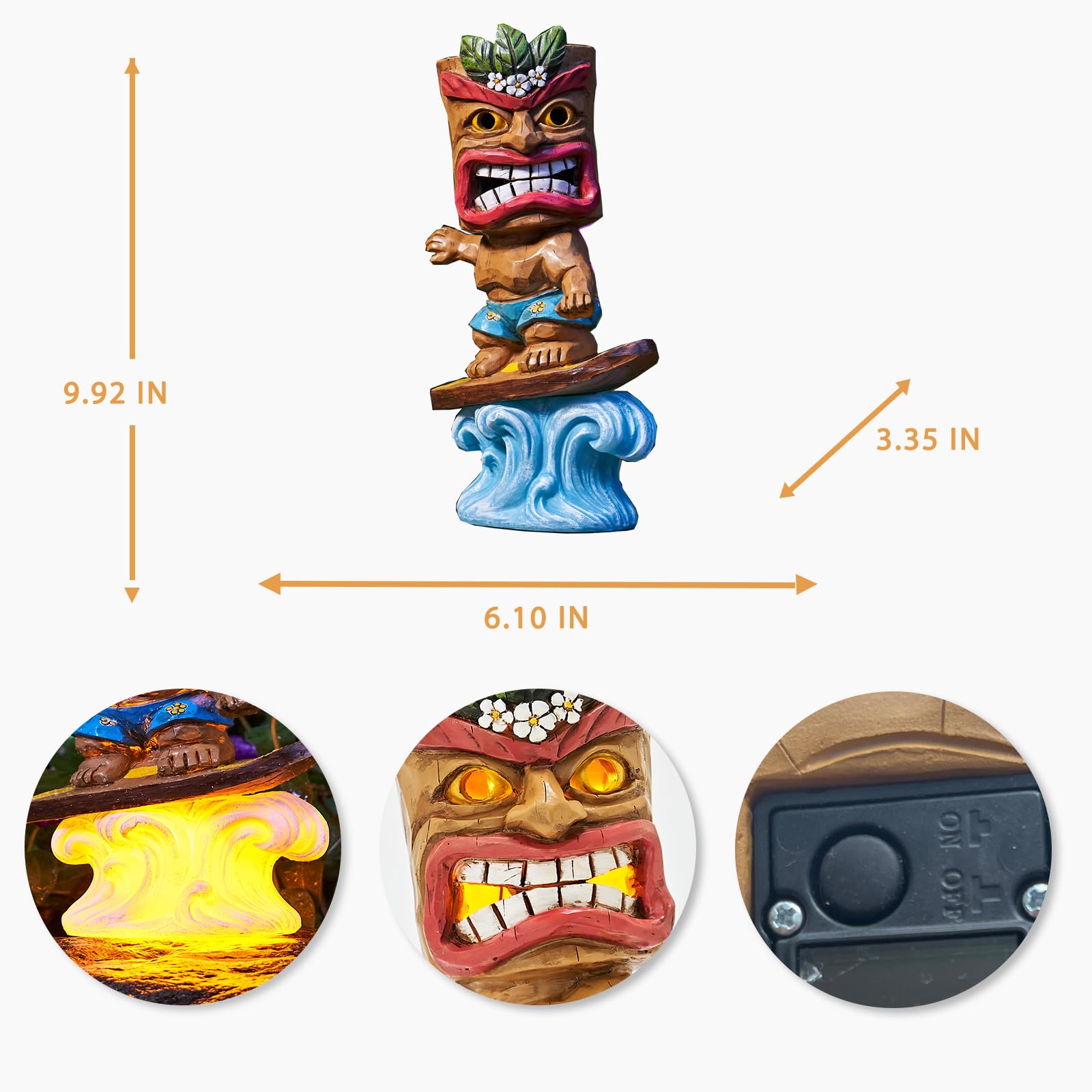 Yiosax Solar Tiki Statue Outdoor Decor-Tiki Bar Decor-Garden Tiki Surfing Statues Waterproof Decoration Figurine For Tiki Bar,Patio,Balcony,Yard,Lawn,Table,9.92 Inches Tall