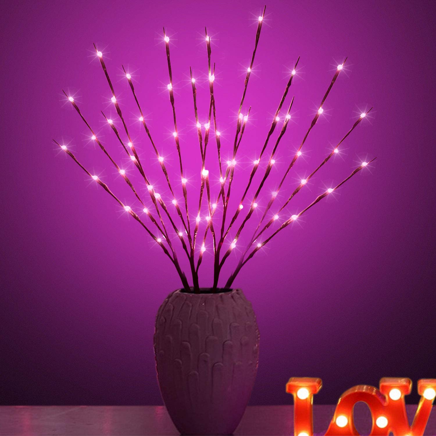 XIANMU LED Branch Light Pink 30 Inch 20 LEDs Battery Operated Willow Twig for Indoor Outdoor Decoration Pack of 2