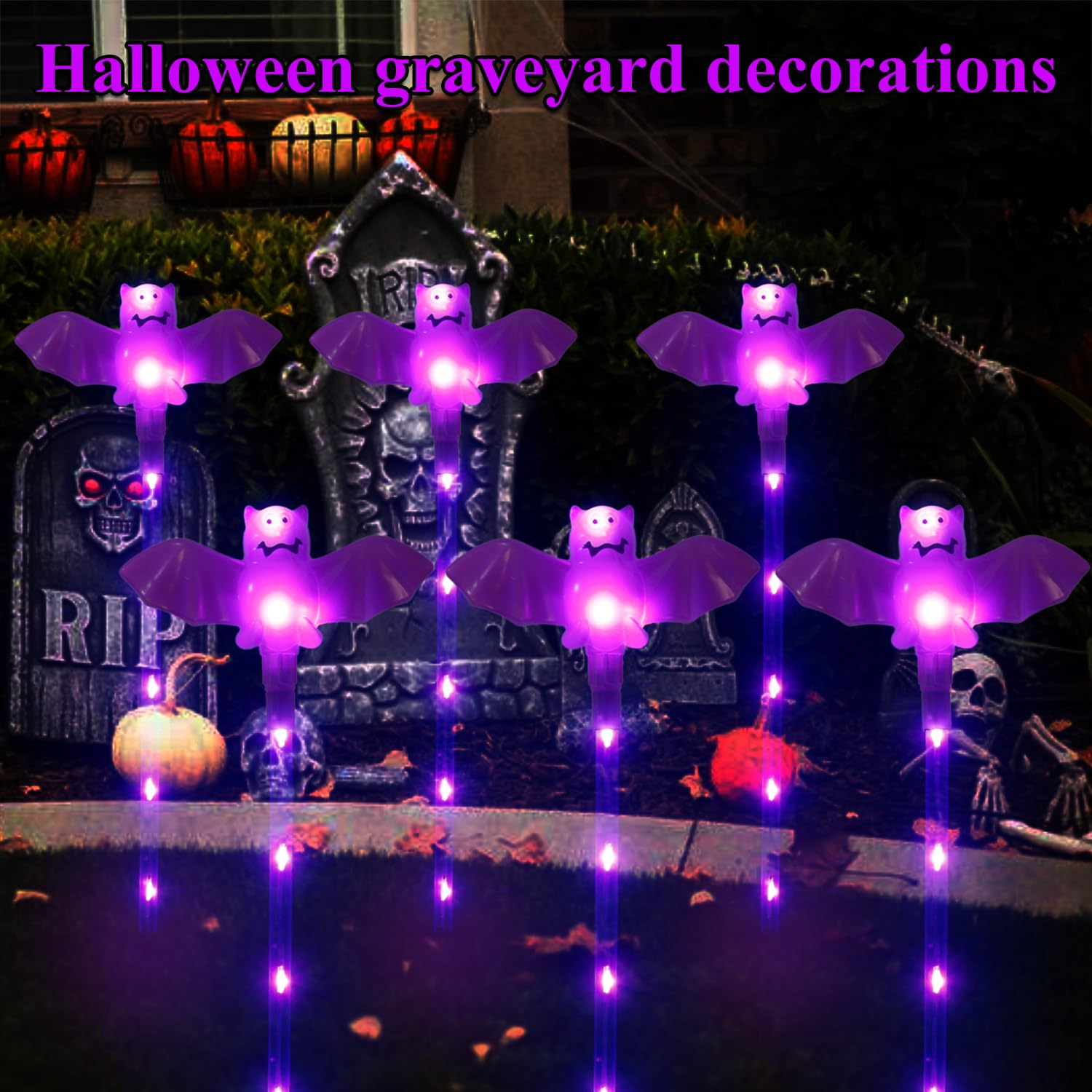 Xingpold Halloween Decorations Outdoor Solar Bat Garden Lights 6 Pack 56Led Solar Halloween Bats Lights  Waterproof Solar Pathway Lights For Outside Patio Yard Lawn Grave Party Gifts Decor Purple