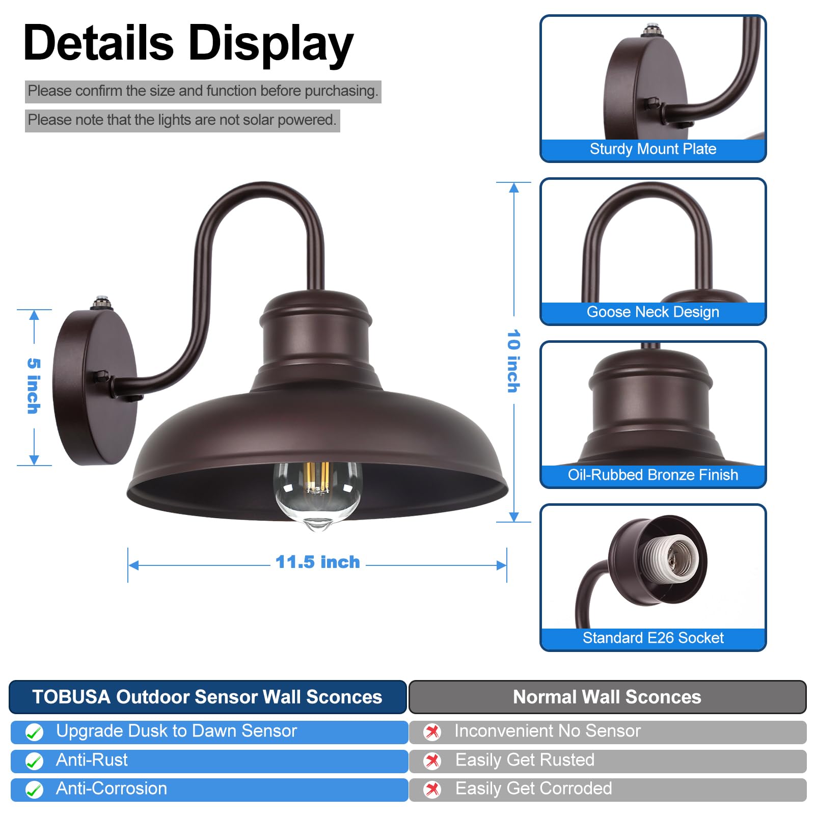 TOBUSA Outdoor Wall Lights, Waterproof Gooseneck Barn Sconces, 11.5 inch, Oil-Rubbed Bronze, Model B11023PP(2PK)