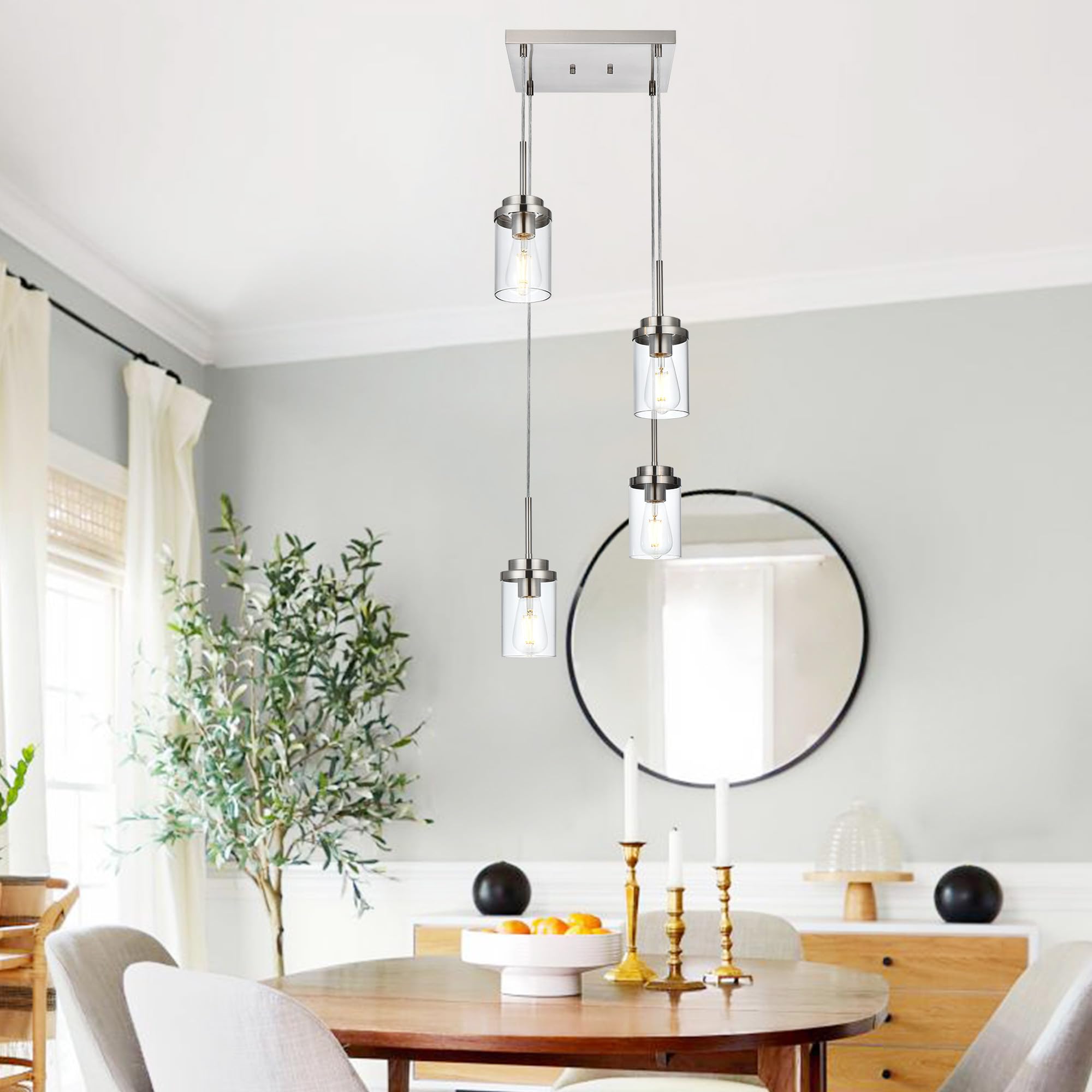 MELUCEE 4-Light Pendant Light Fixtures, Brushed Nickel, Metal, Height Adjustable, Model 4-4501-4FD-SN
