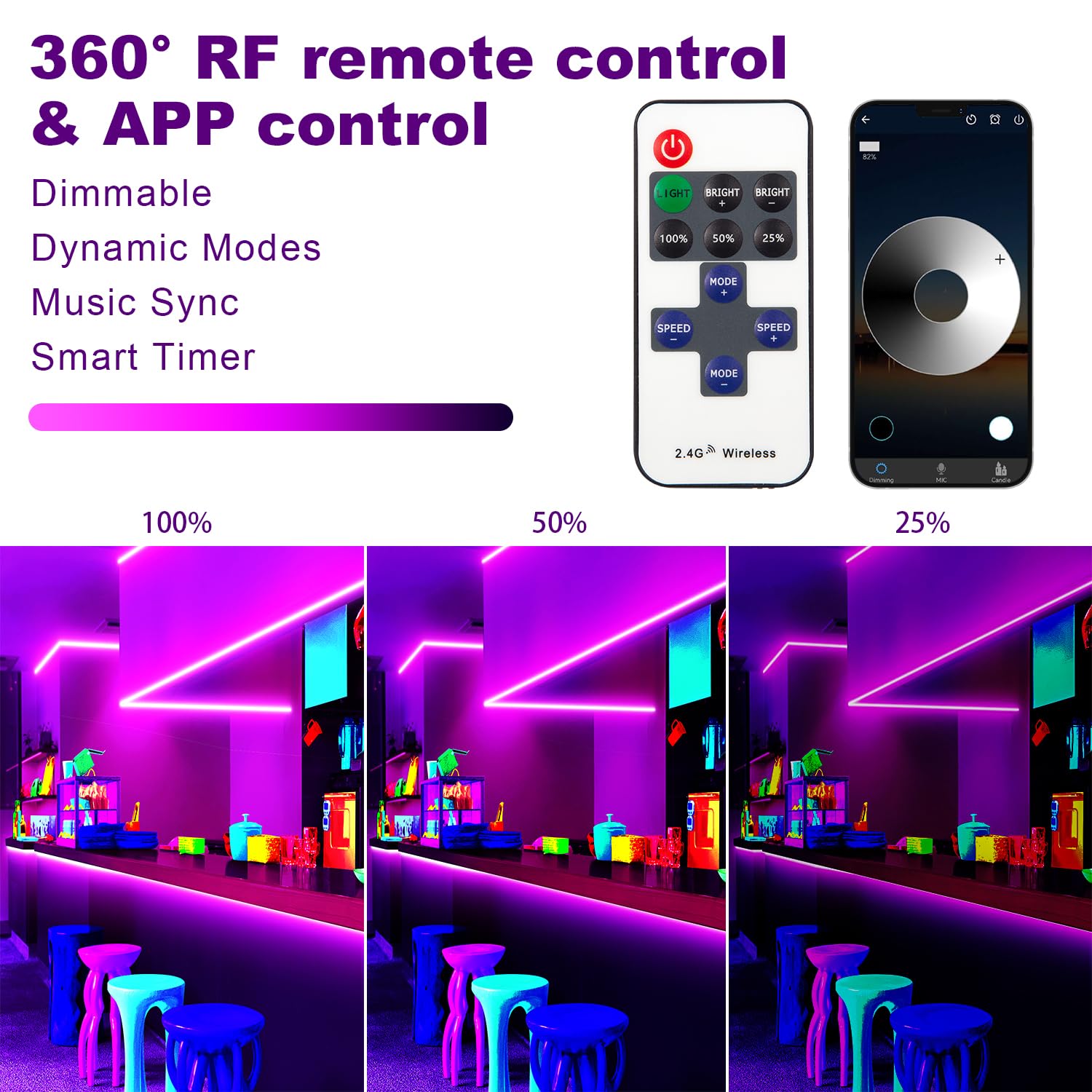 Tendist 50Ft Black Light Led Strip App Control, Black Light For Glow Party With Remote, Smart Purple Neon Blacklight Strip Light