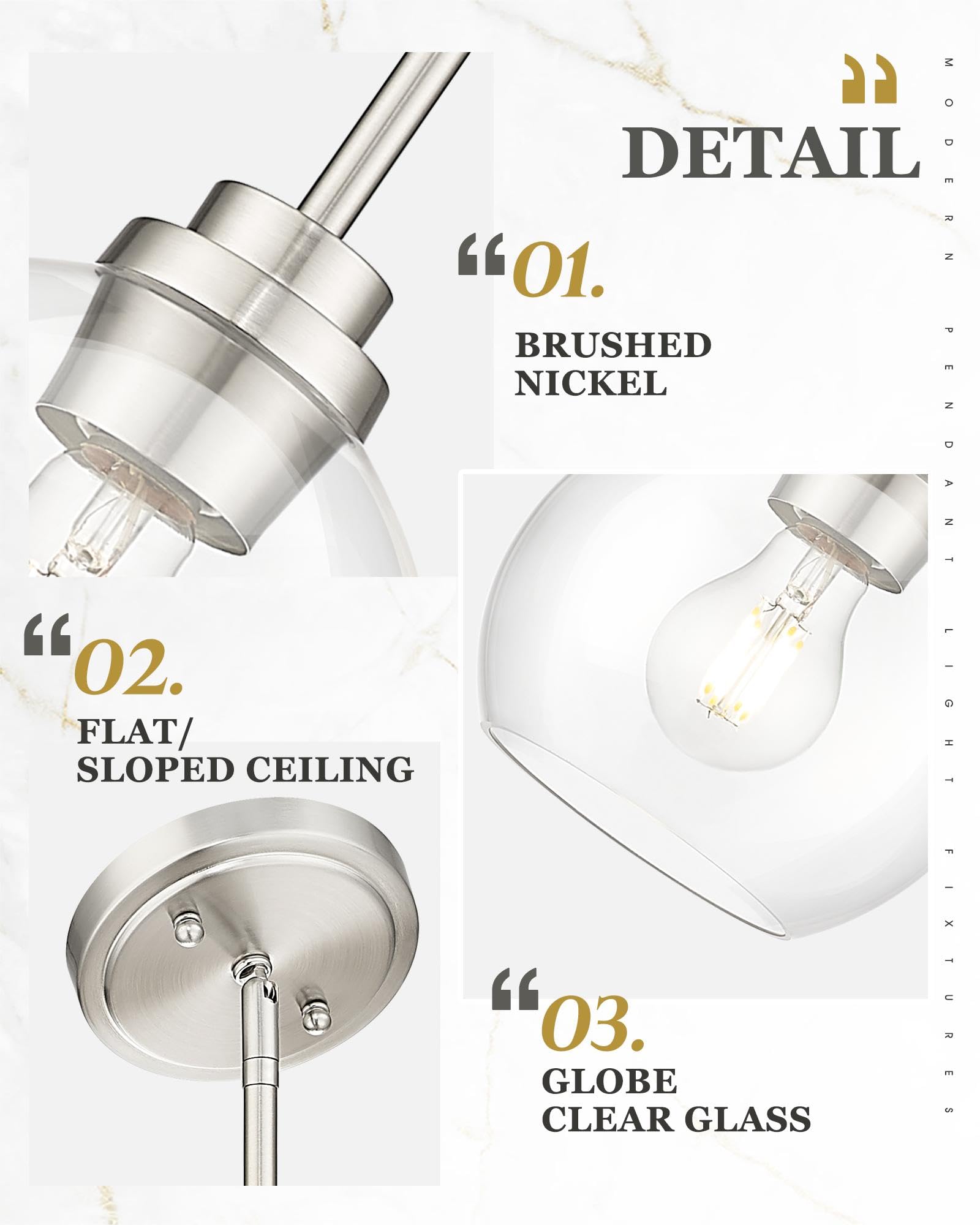 Audickic Pendant Lights Kitchen Island 2 Pack, 7&quot; Modern Brushed Nickel Hanging Lights Fixtures With Clear Glass Globe Shade, Kitchen Island Lighting For Bathroom, Ad-22280-1P2-Sn-C